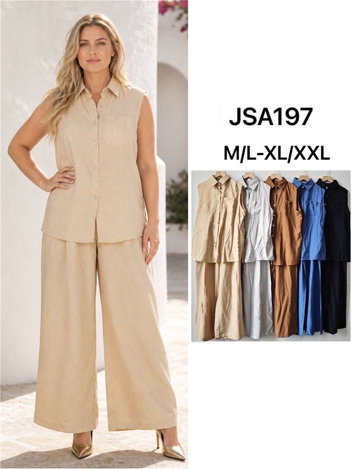 Conjunto talla grande camisa sin mangas y pantalón palazzo