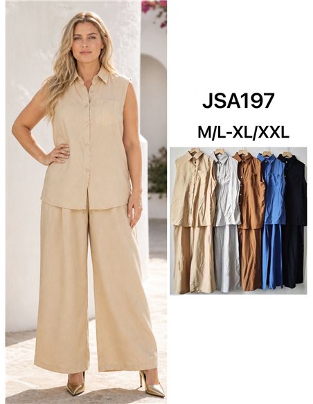 Conjunto talla grande camisa sin mangas y pantalón palazzo