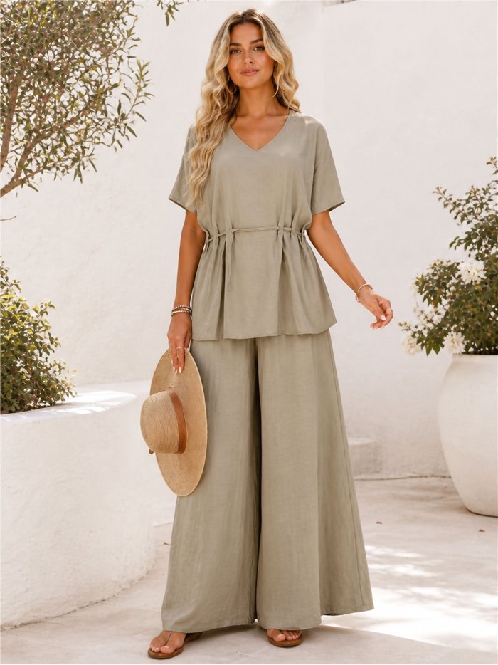 Ensemble grande taille : blouse fluide froncée et pantalon palazzo