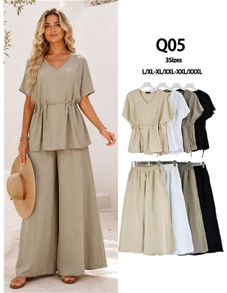 Ensemble grande taille : blouse fluide froncée et pantalon palazzo