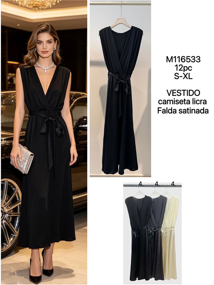 Abito midi in raso con scollo incrociato