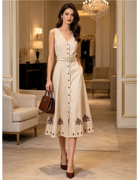 Besticktes Leinen-Midihemdkleid