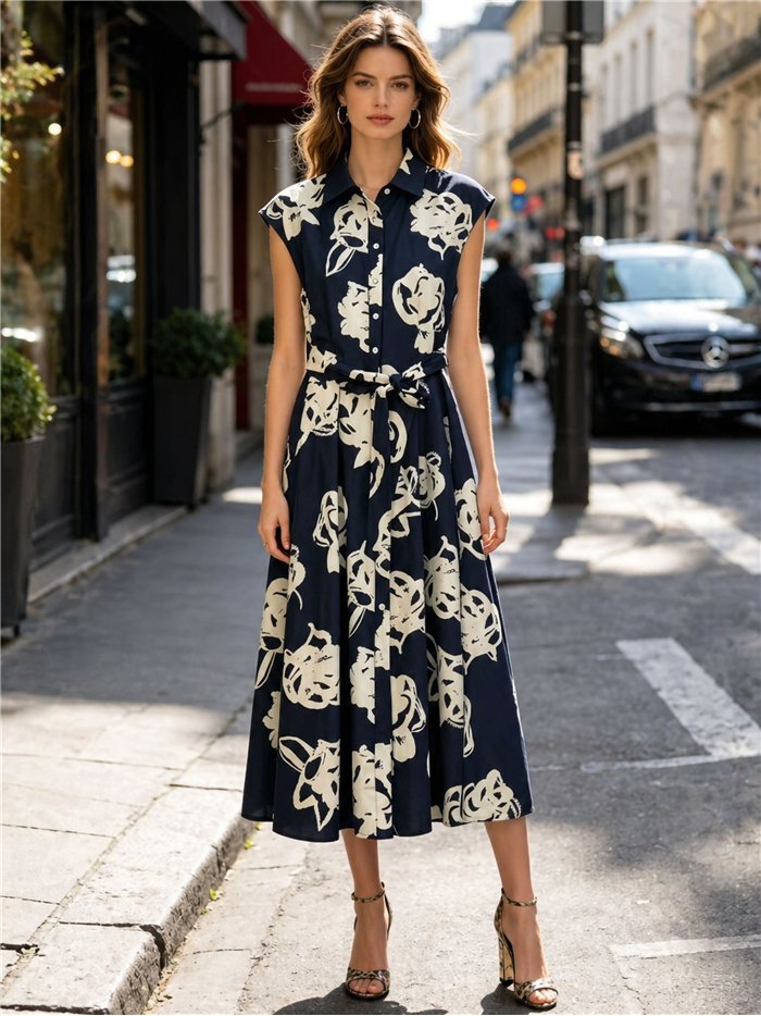 Vestido camisero midi lino estampado flores