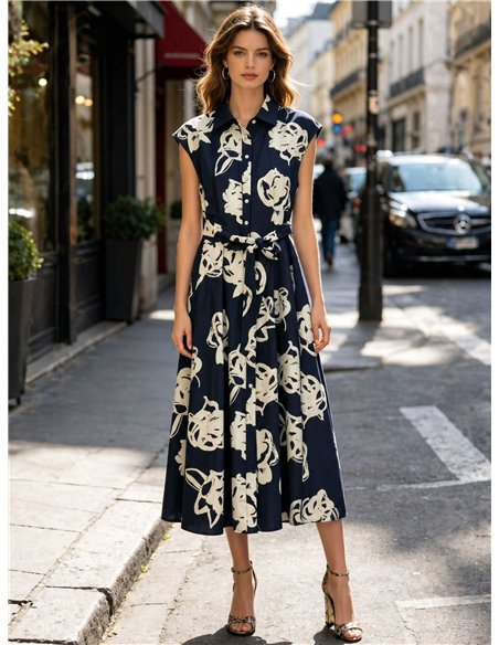 Vestido camisero midi lino estampado flores