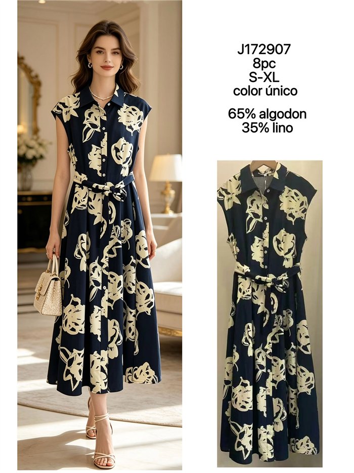 Vestido camisero midi lino estampado flores