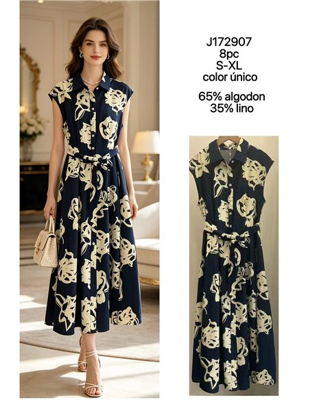 Vestido camisero midi lino estampado flores