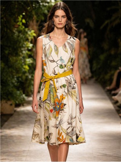 Botanical print midi dress with belt