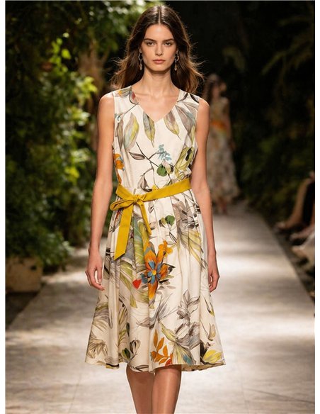Botanical print midi dress with belt