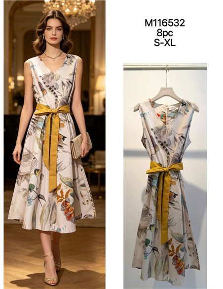 Botanical print midi dress with belt