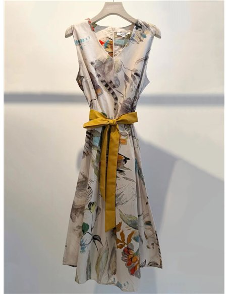 Botanical print midi dress with belt