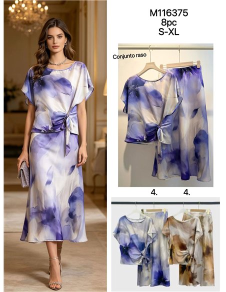 Completo composto da blusa con stampa acquerello, laccetto laterale e gonna midi.