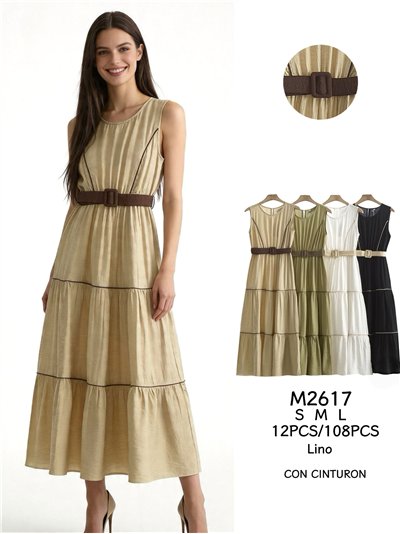 Vestido largo vuelo de lino con cinturón 2