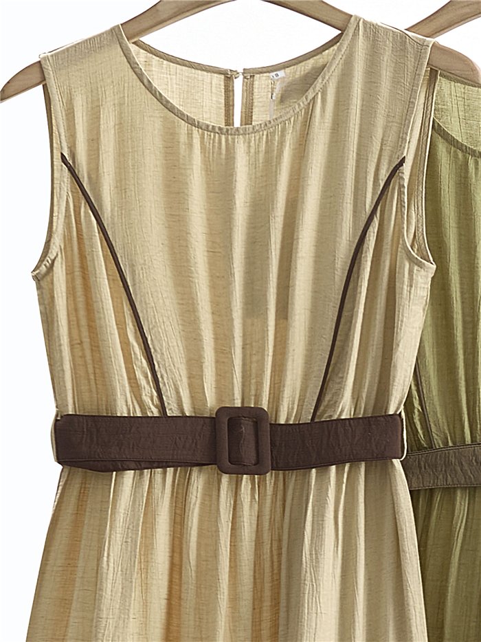 Vestido largo vuelo de lino con cinturón