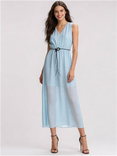 Vestido longo de linho com cordão.