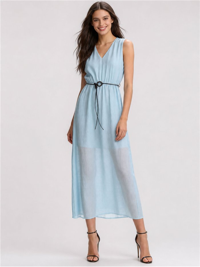 Vestido longo de linho com cordão.