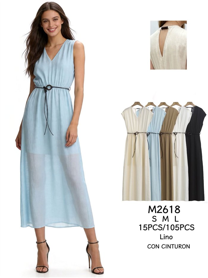 Vestido longo de linho com cordão.