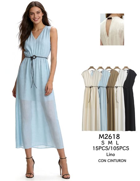 Vestido longo de linho com cordão.
