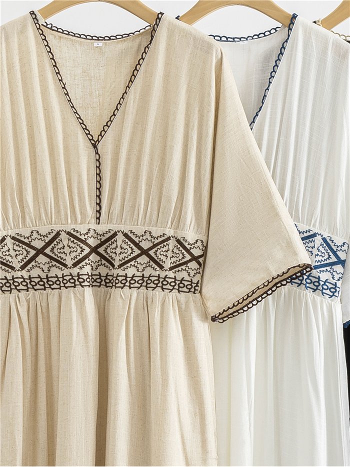 Vestido largo lino bordado estilo boho