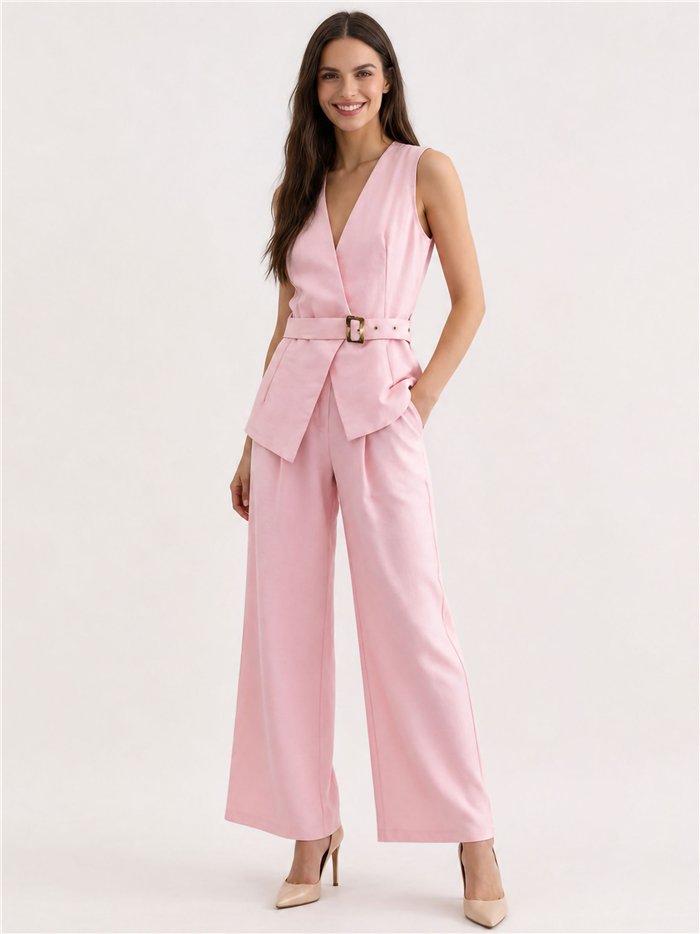 Conjunto chaleco cruzado con cinturón y pantalón palazzo