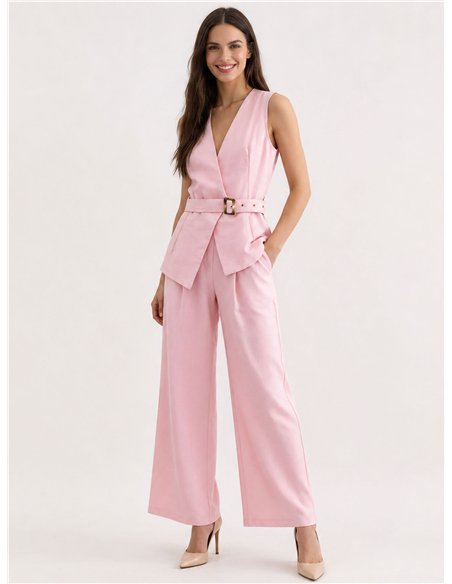 Conjunto chaleco cruzado con cinturón y pantalón palazzo