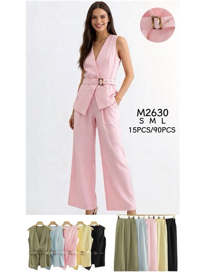Conjunto chaleco cruzado con cinturón y pantalón palazzo 2