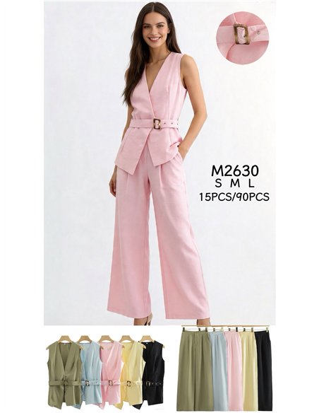 Conjunto chaleco cruzado con cinturón y pantalón palazzo