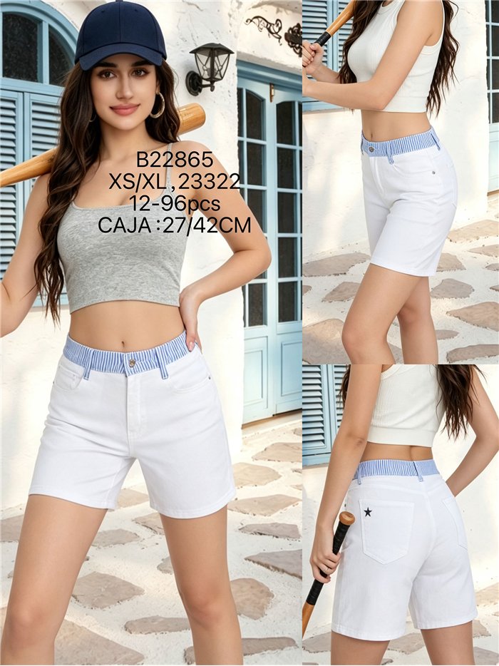 Bermuda in denim bianco con elastico a righe in vita
