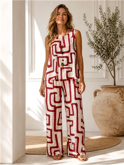 Geometric printed lycra blouse with necklace and trousers set