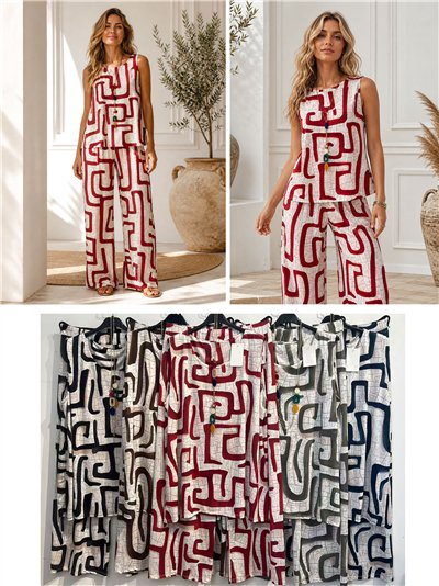 Geometric printed lycra blouse with necklace and trousers set 2