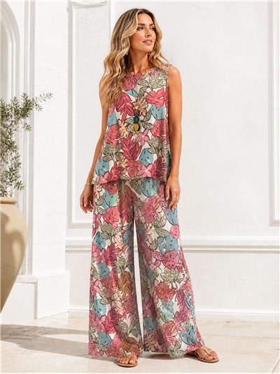 Tropical leaves printed lycra blouse with necklace and trousers set