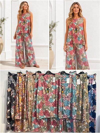 Tropical leaves printed lycra blouse with necklace and trousers set 2