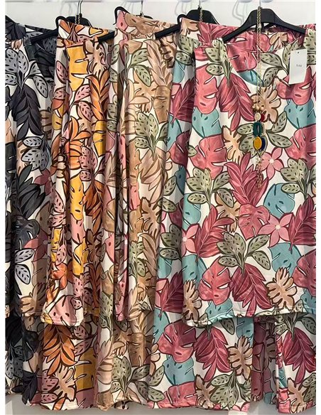 Ensemble chemisier en lycra à imprimé feuilles tropicales avec collier et pantalon