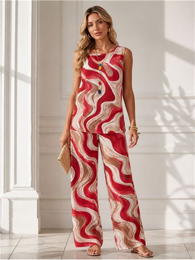 Swirl printed lycra blouse with necklace and trousers set
