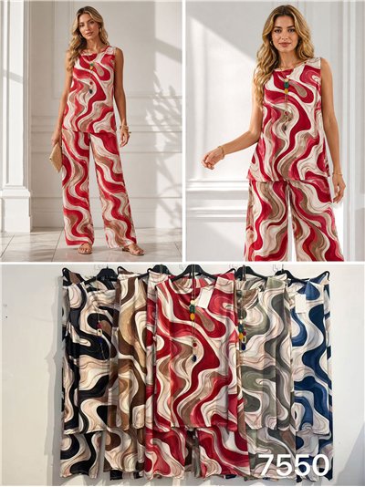 Swirl printed lycra blouse with necklace and trousers set 2