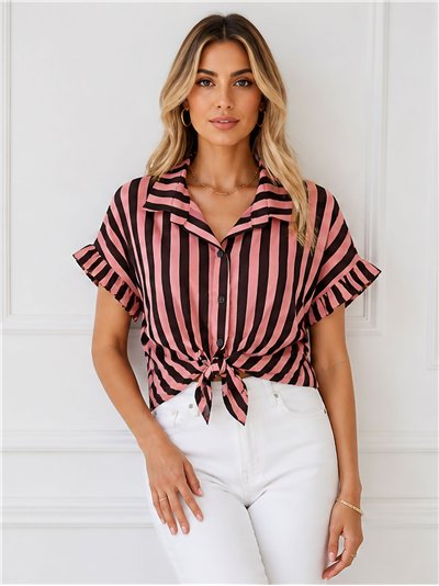 Chemise rayée nouée avec manches à volants