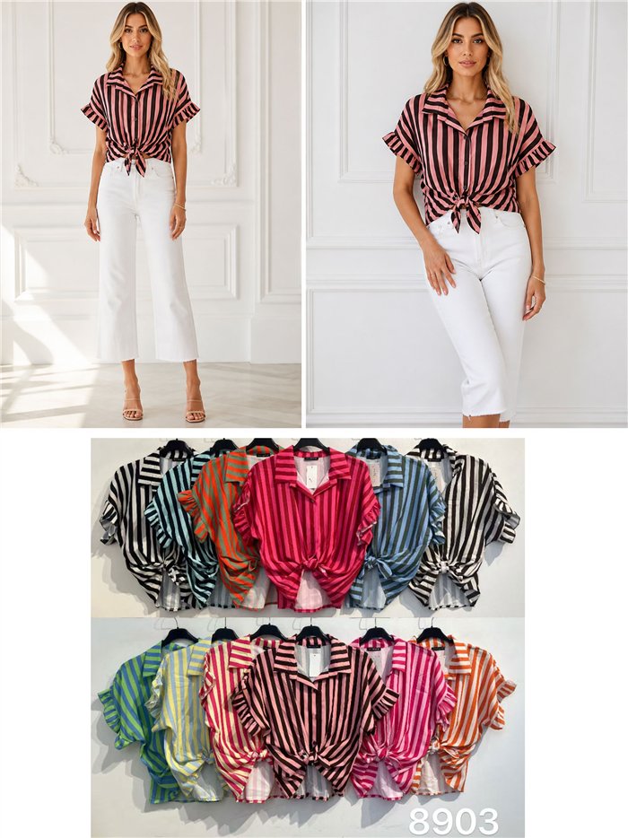 Ruffled tie-front striped shirt