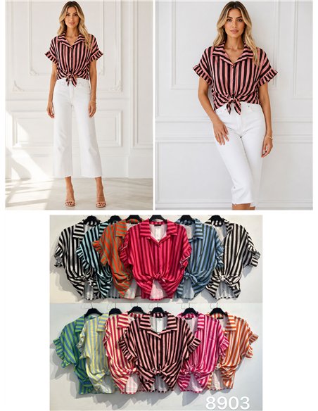 Ruffled tie-front striped shirt