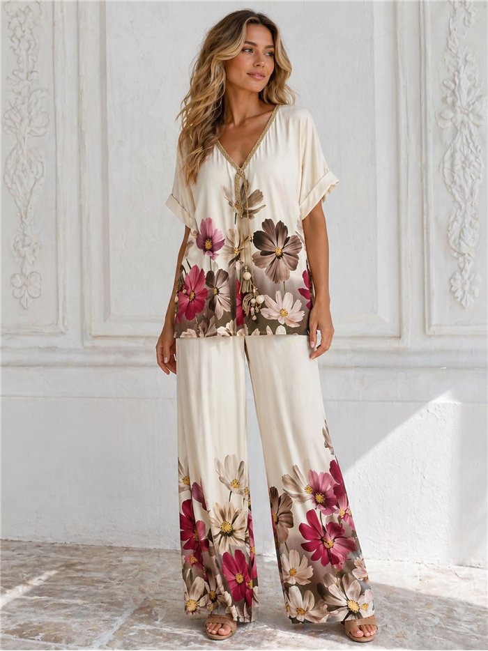 Plus size floral lycra blouse and trousers set