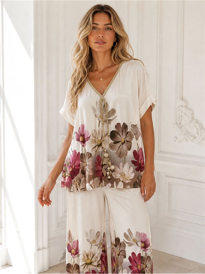 Plus size floral lycra blouse and trousers set
