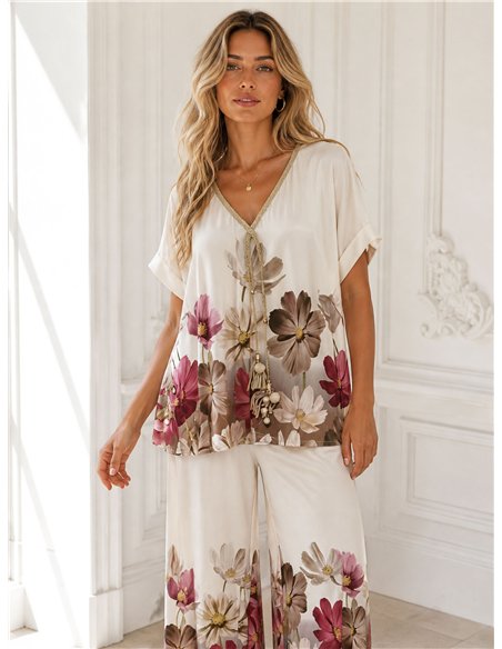Plus size floral lycra blouse and trousers set