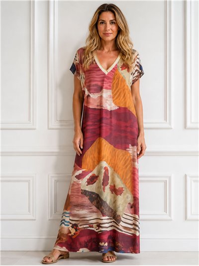 Vestido lycra midi estampado abstracto cuello pico