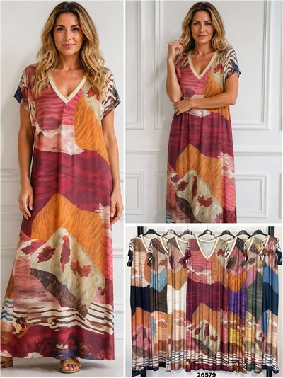Vestido lycra midi estampado abstracto cuello pico 2