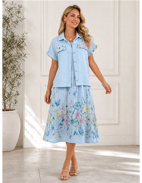 Linen effect oversized floral shirt and sleeveless midi dress set