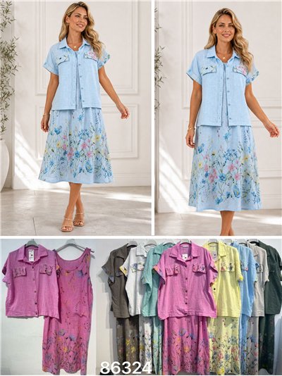 Linen effect oversized floral shirt and sleeveless midi dress set 2