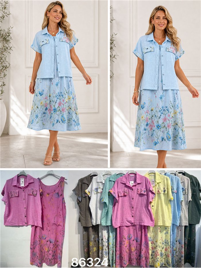 Linen effect oversized floral shirt and sleeveless midi dress set
