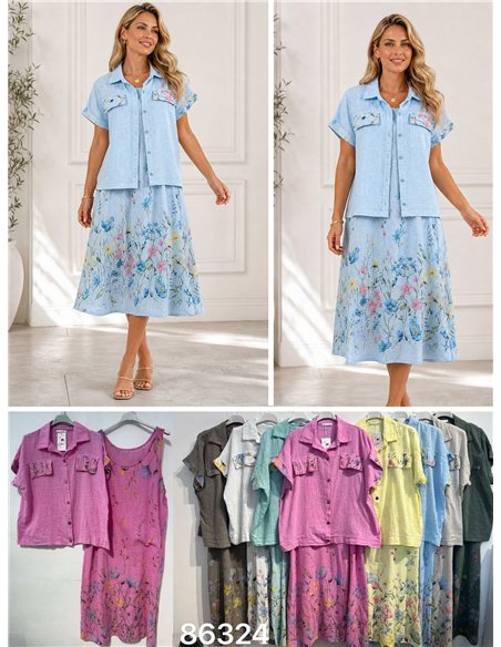 Linen effect oversized floral shirt and sleeveless midi dress set