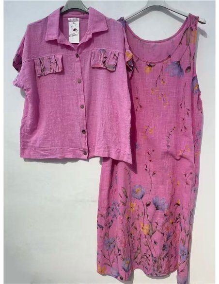 Linen effect oversized floral shirt and sleeveless midi dress set