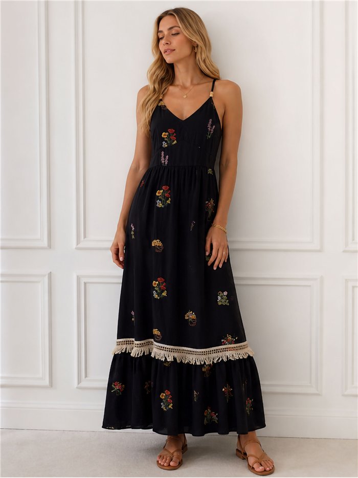 Robe longue brodée à motifs floraux effet lin avec bretelles