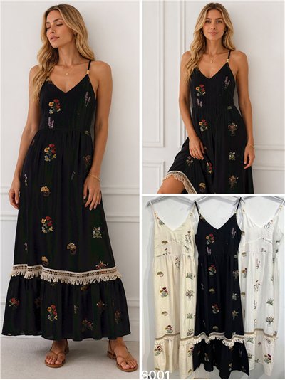 Floral embroidered linen effect strap maxi dress 2