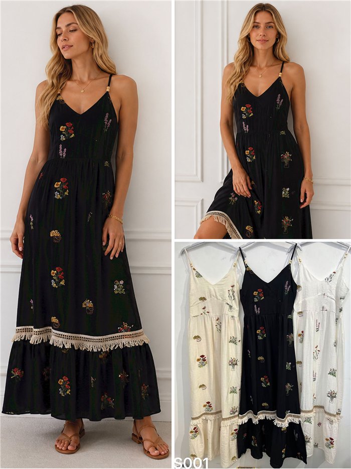 Robe longue brodée à motifs floraux effet lin avec bretelles